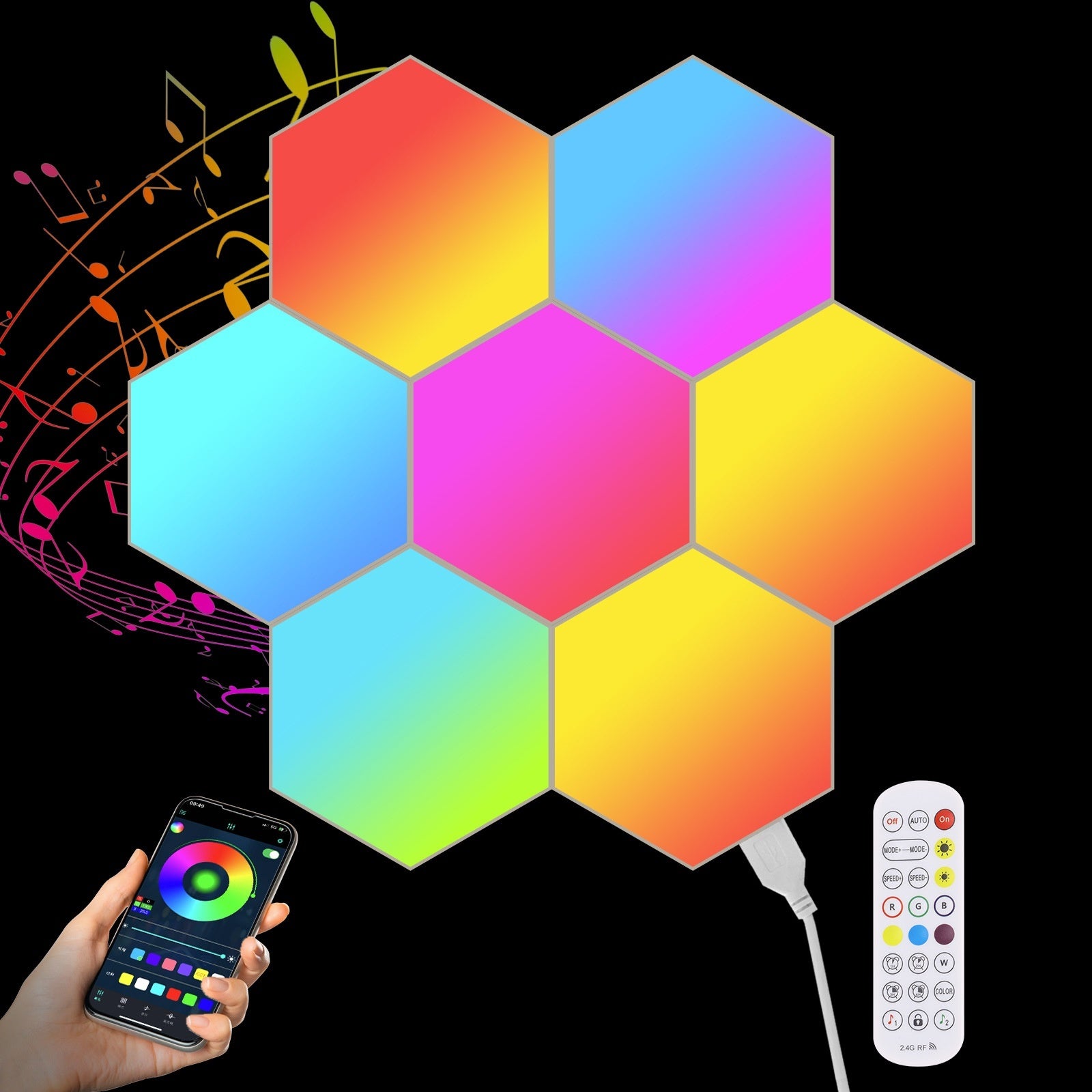 Paneles LED Hexagonales RGB con Control por App y Música